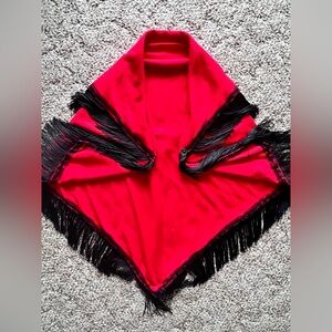 Vintage Red Flamenco Fringe Shawl / Wrap /Scarf  w/ Lace Detail